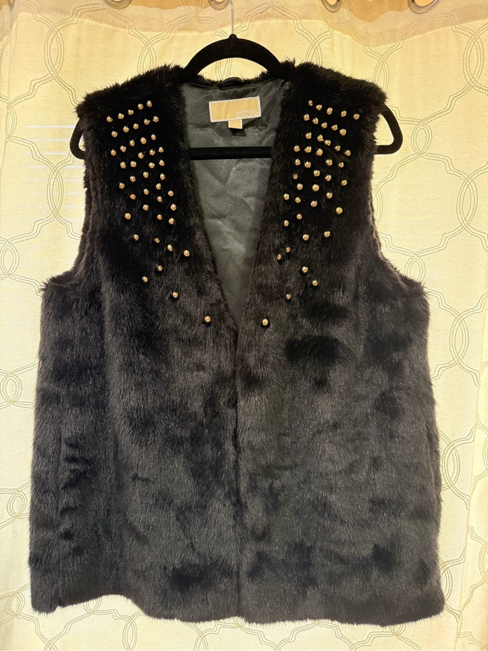 MICHAEL Michael Kors Black Faux Fur Vest with Gold Studs